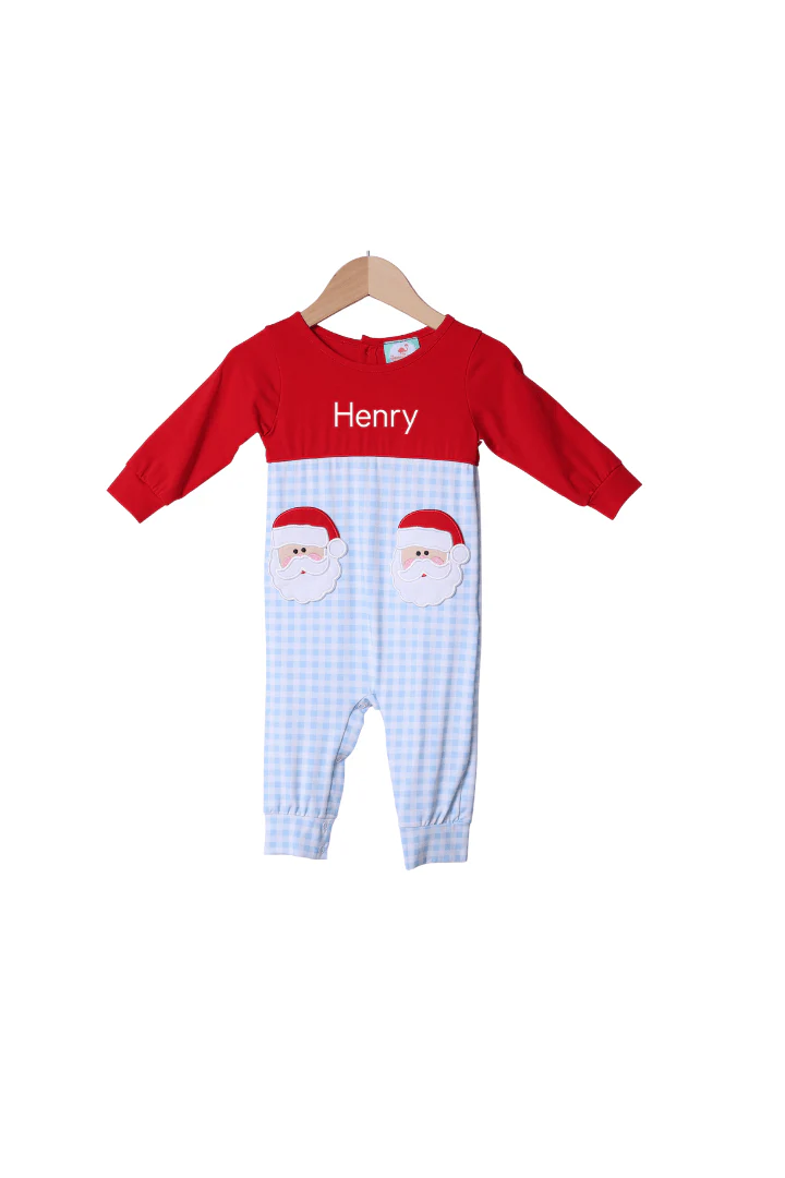 Applique Santa Pocket Blue/Red Gingham Romper