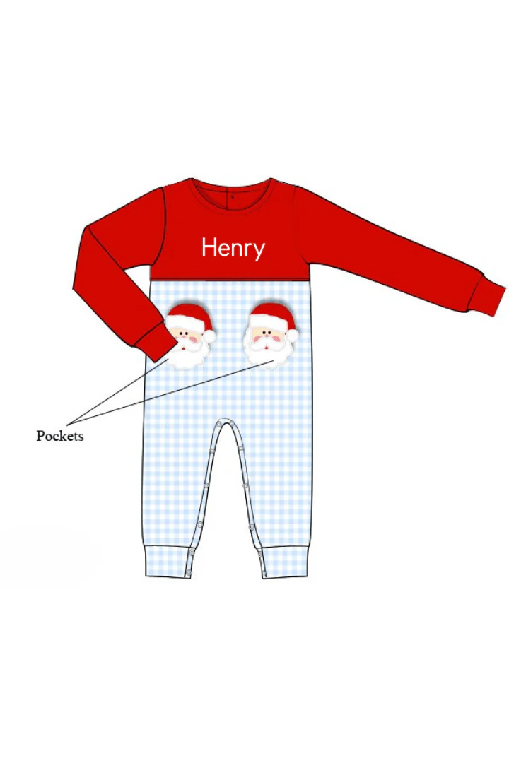 Applique Santa Pocket Blue/Red Gingham Romper - Image 2