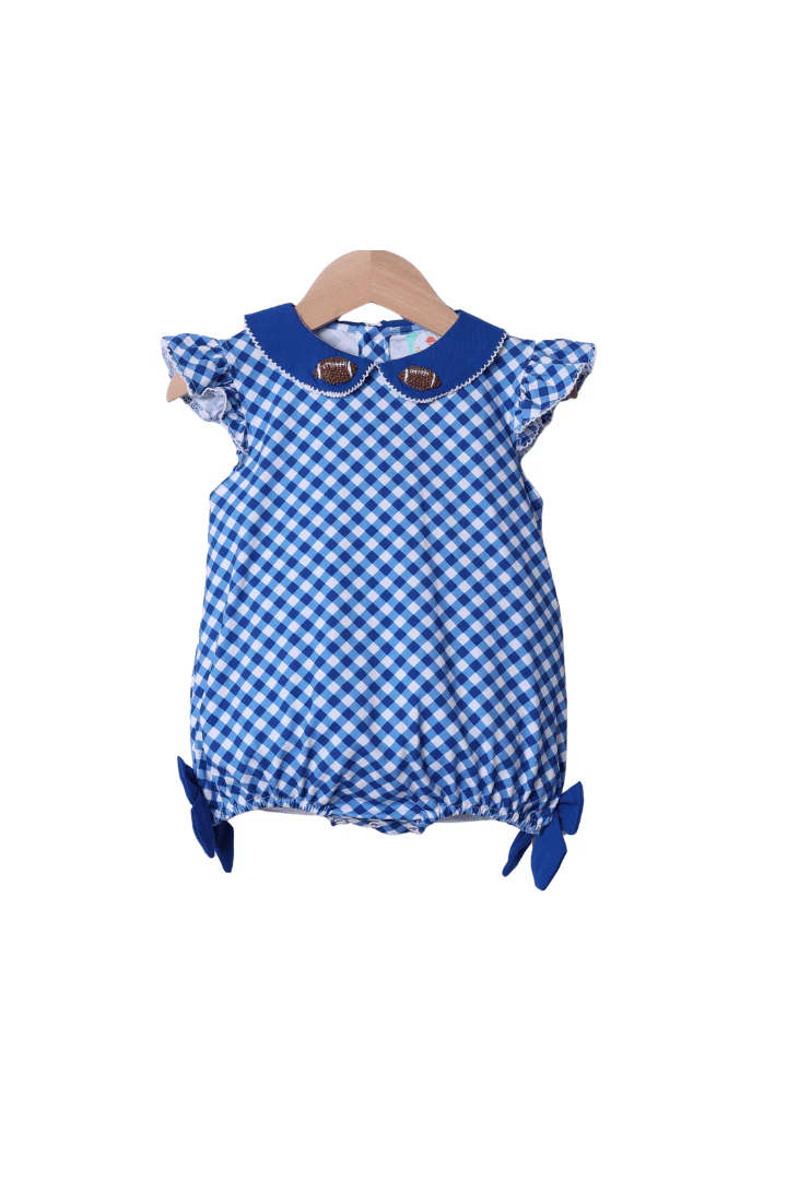 Blue Gingham Bow French Knot Football Bubble