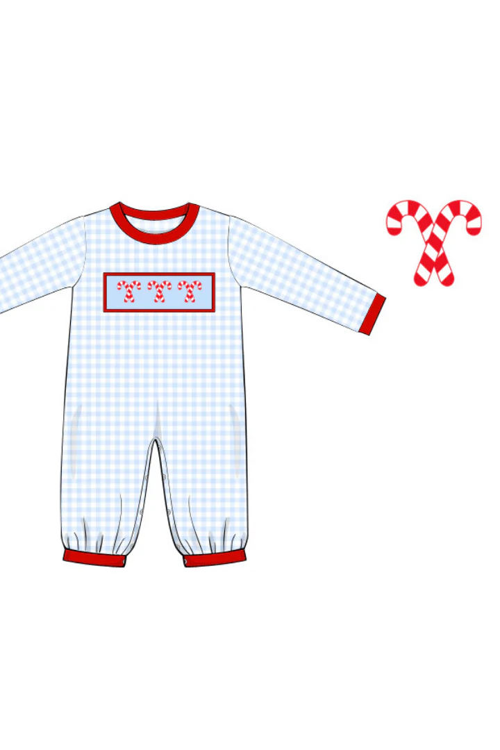 Smocked Blue Gingham Red Knit Candy Cane Romper - Image 2