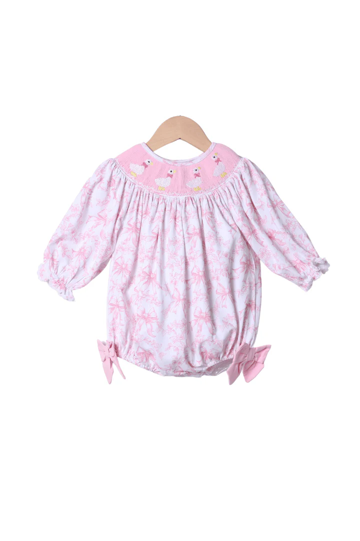 Smocked Sweet Goose Pink Bow Long Sleeve Bishop Bubble