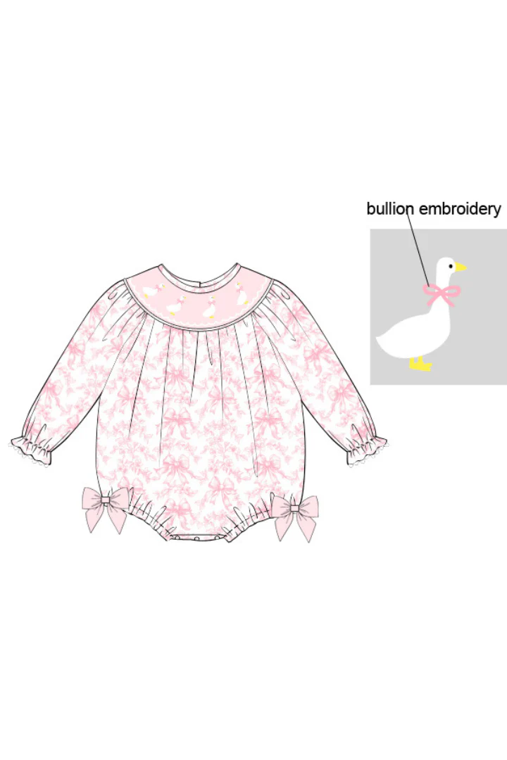 Smocked Sweet Goose Pink Bow Long Sleeve Bishop Bubble - Image 2