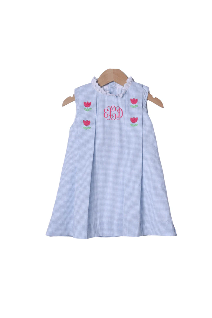 TSF x Shelby Back Blue Gingham Embroidered Tulip Dress - Image 4