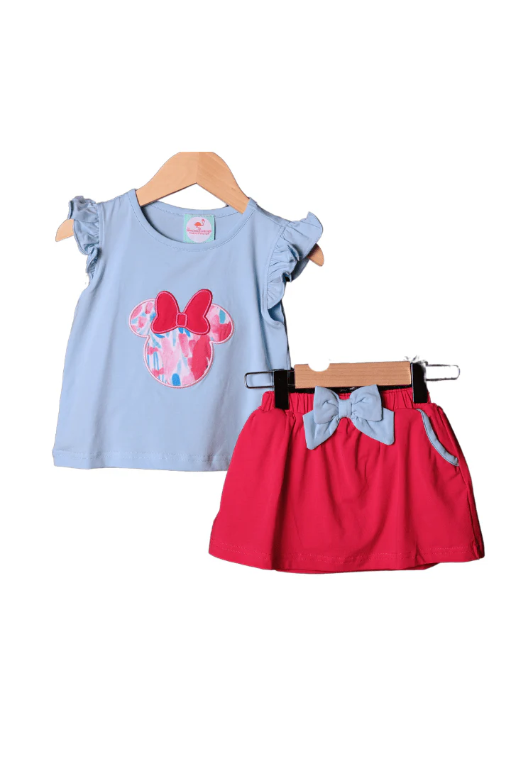 Applique Mouse Blue and Pink Skort Set