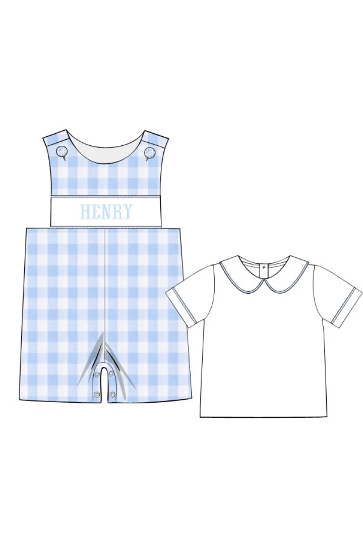 Pre-Order Hand Smocked Baby Blue Gingham Custom Name Jon Jon with Shirt
