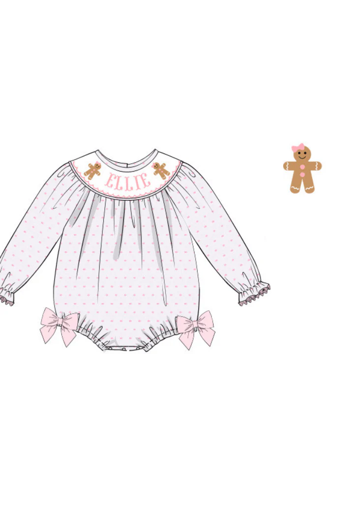 Pre-Order Hand Smocked Custom Name Pink Swiss Dot Gingerbread Bubble