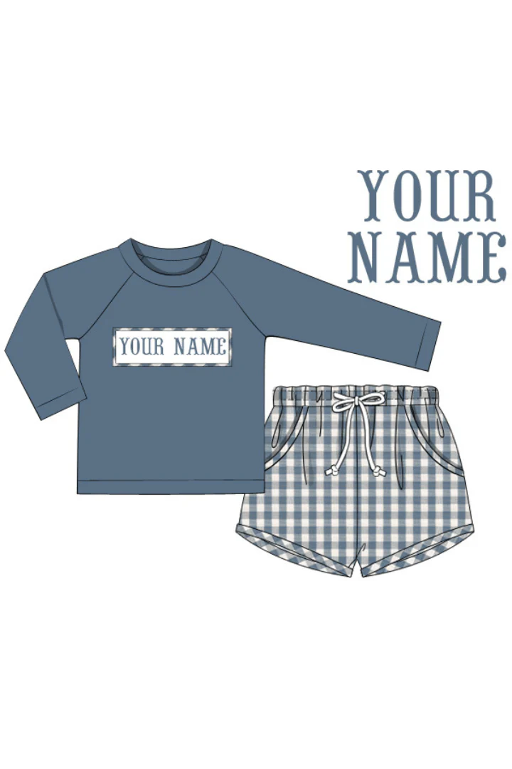 Pre-Order Hand Smocked Custom Name Stone Gingham Short Set