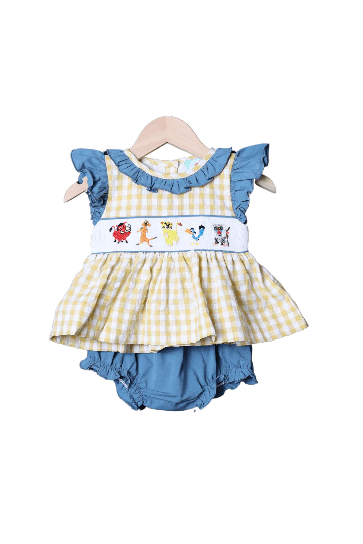 Smocked Lion Friends Blue Stone Yellow Seersucker Bloomer Set