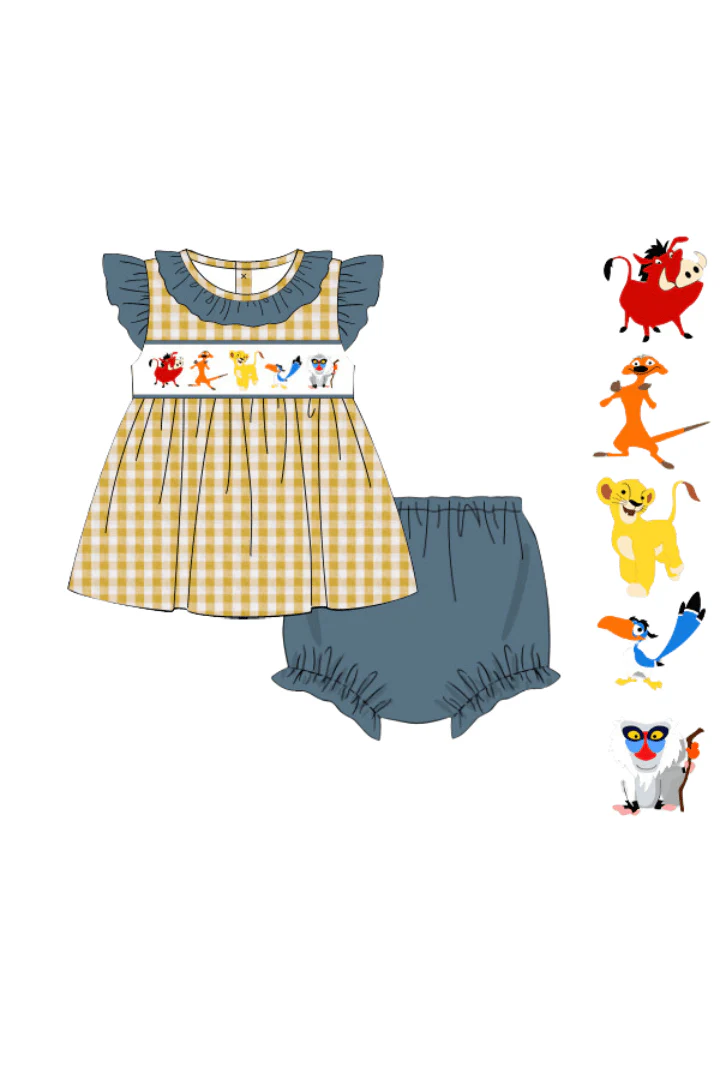 Smocked Lion Friends Blue Stone Yellow Seersucker Bloomer Set - Image 2