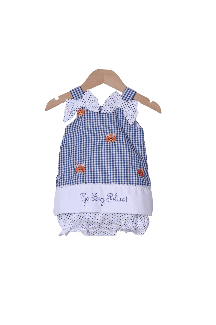 Embroidered Go Big Blue Gingham Skirted Bubble