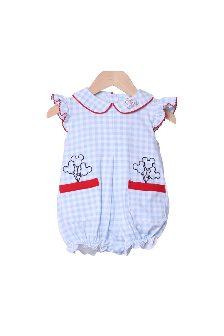 Embroidered Magical Balloon Blue Gingham Knit Bubble