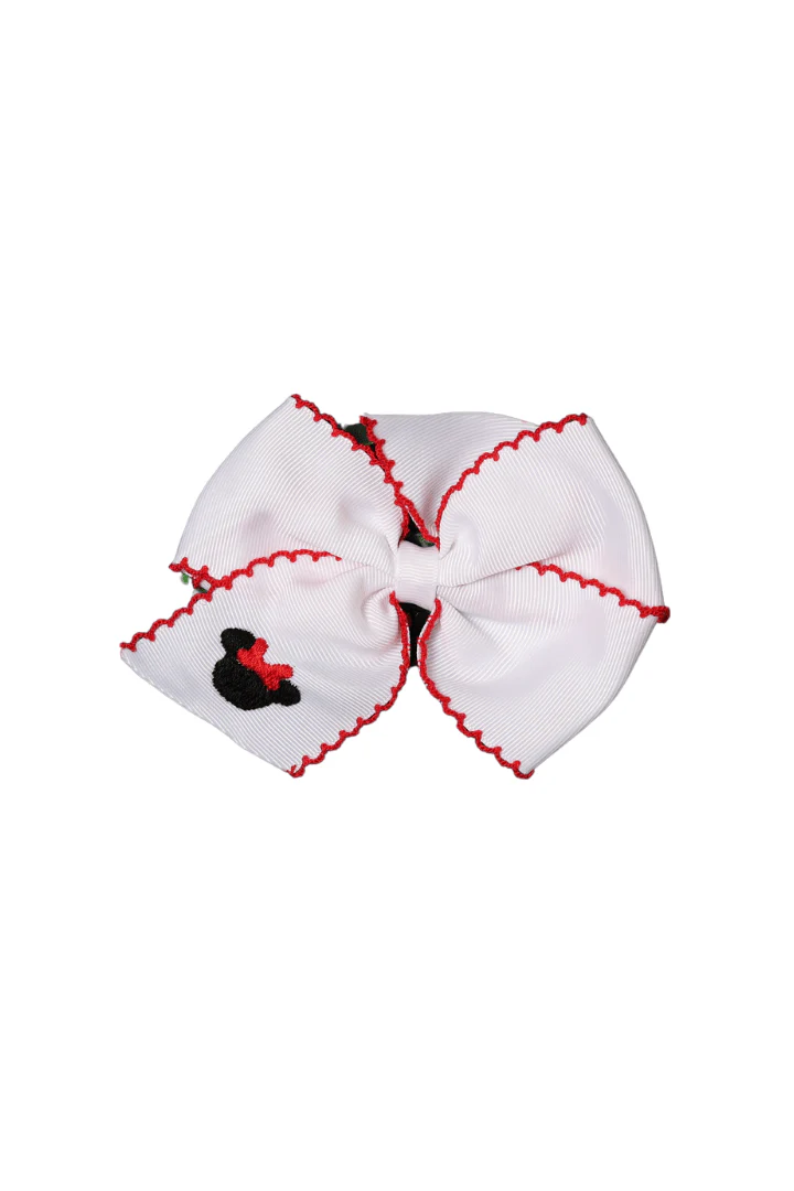 Embroidered Mouse Scalloped Edge Grosgrain Bow White/Red