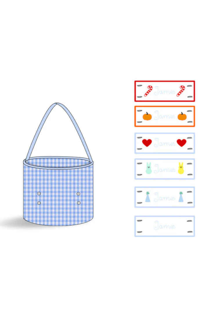 Embroidered Tab Interchangeable Blue Gingham Treat Basket