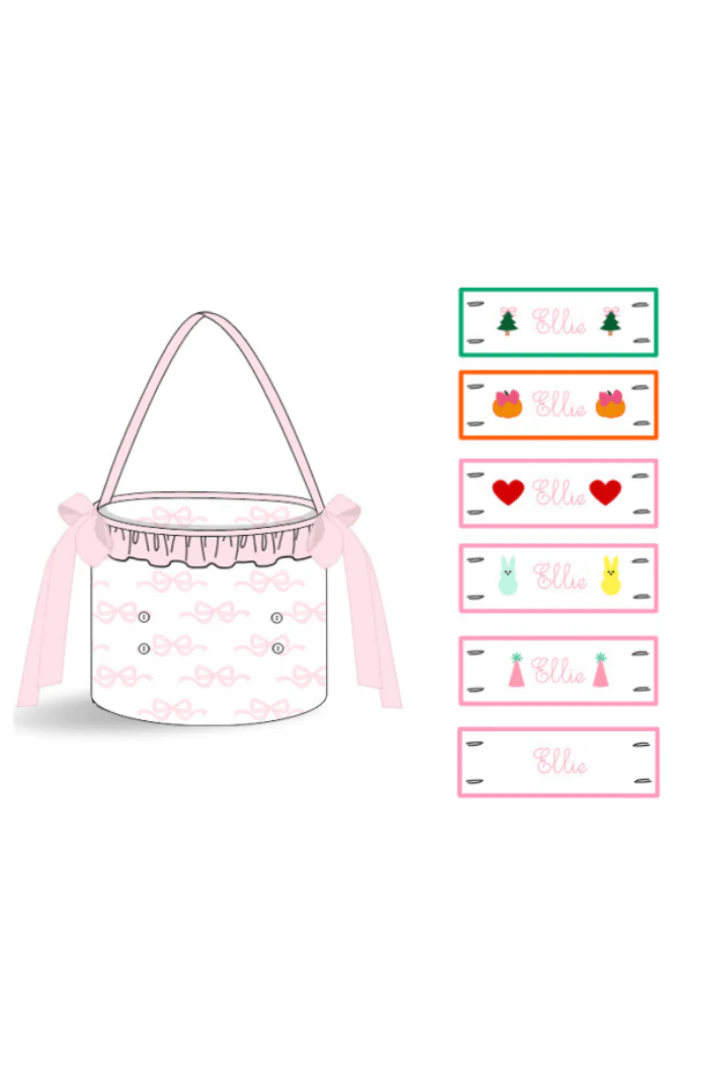 Custom Embroidered Tab Interchangeable Pink Bow Treat Basket