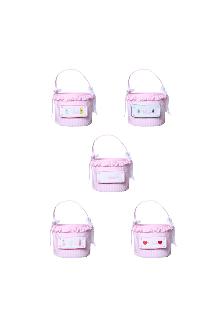 Embroidered Tab Interchangeable Pink Gingham Treat Basket - Image 2