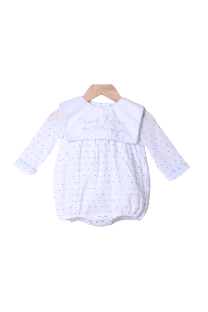Embroidered Thank Heaven for Little Boys Long Sleeve Blue Swiss Dot Bubble