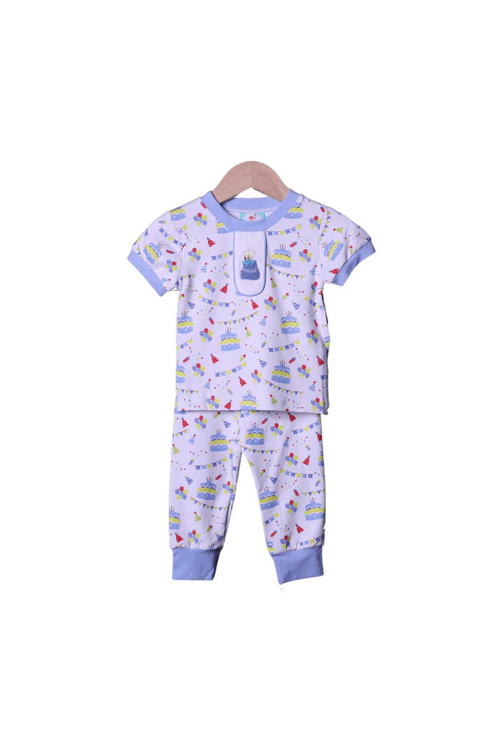 French Knot Happy Birthday Blue Short Sleeve Pajamas