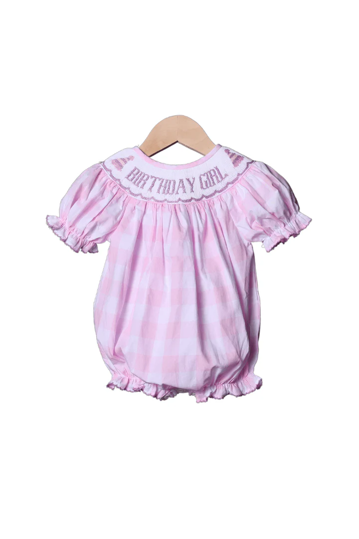 Hand Smocked Pink Gingham Birthday Girl Bubble (Purple Writing)