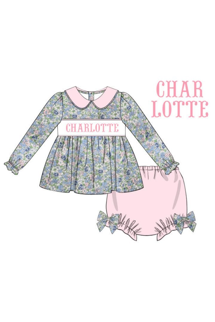 Pre-Order Hand Smocked Custom Name Blue and Pink Floral Bloomer Set
