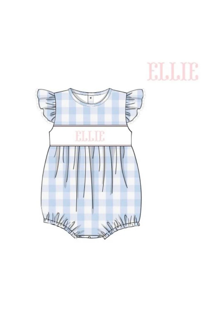 Pre-Order Hand Smocked Custom Name Blue and White Gingham Bubble