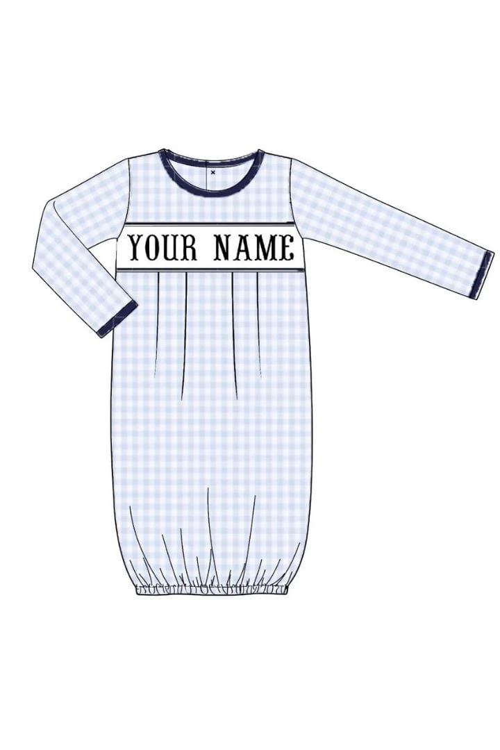 Pre-Order Hand Smocked Custom Name Blue Layette Gown