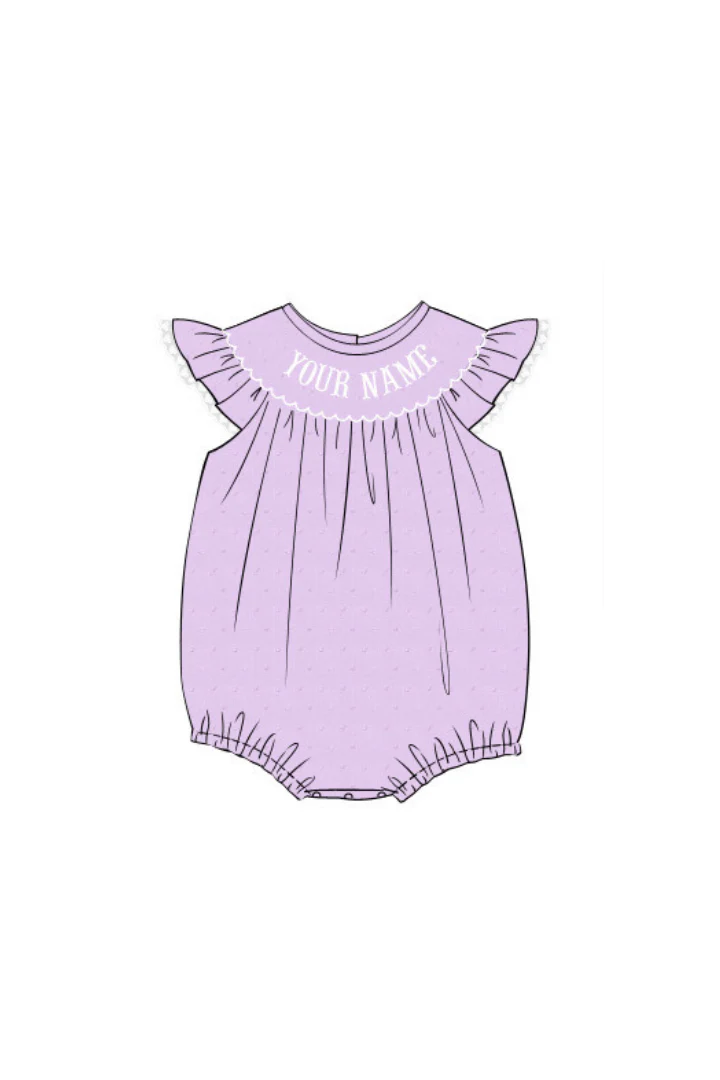 Pre-Order Hand Smocked Custom Name Lavender Swiss Dot Bubble