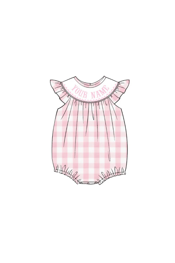 Pre-Order Hand Smocked Custom Name Pink and White Gingham Bubble