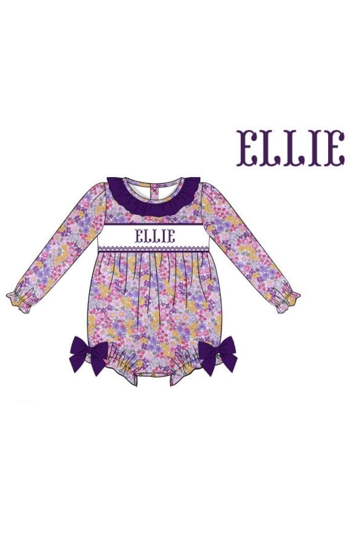 Pre-Order Hand Smocked Custom Name Plum Bow Floral Bubble