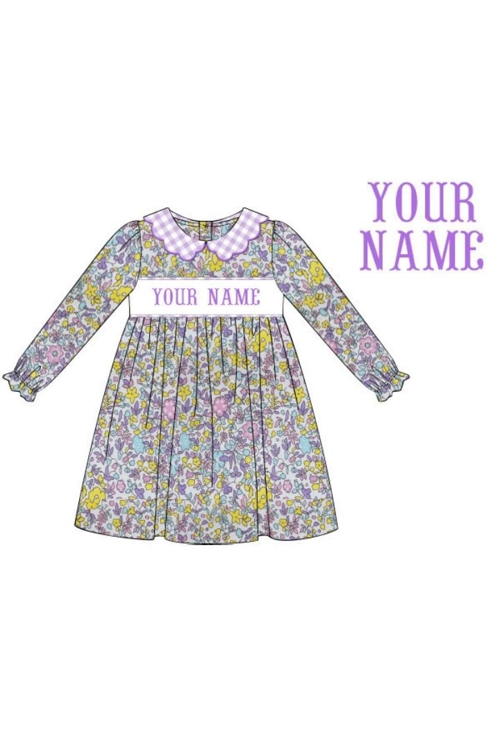 Pre-Order Hand Smocked Custom Name Purple Floral Dress