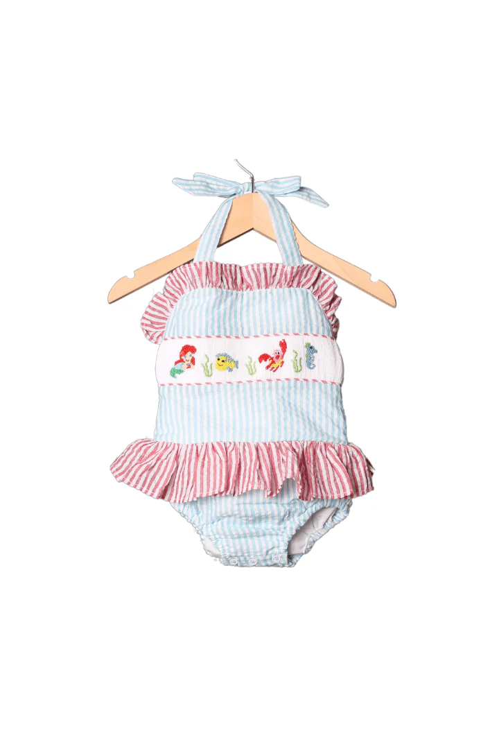 Hand Smocked Mermaid Seersucker Swimsuit