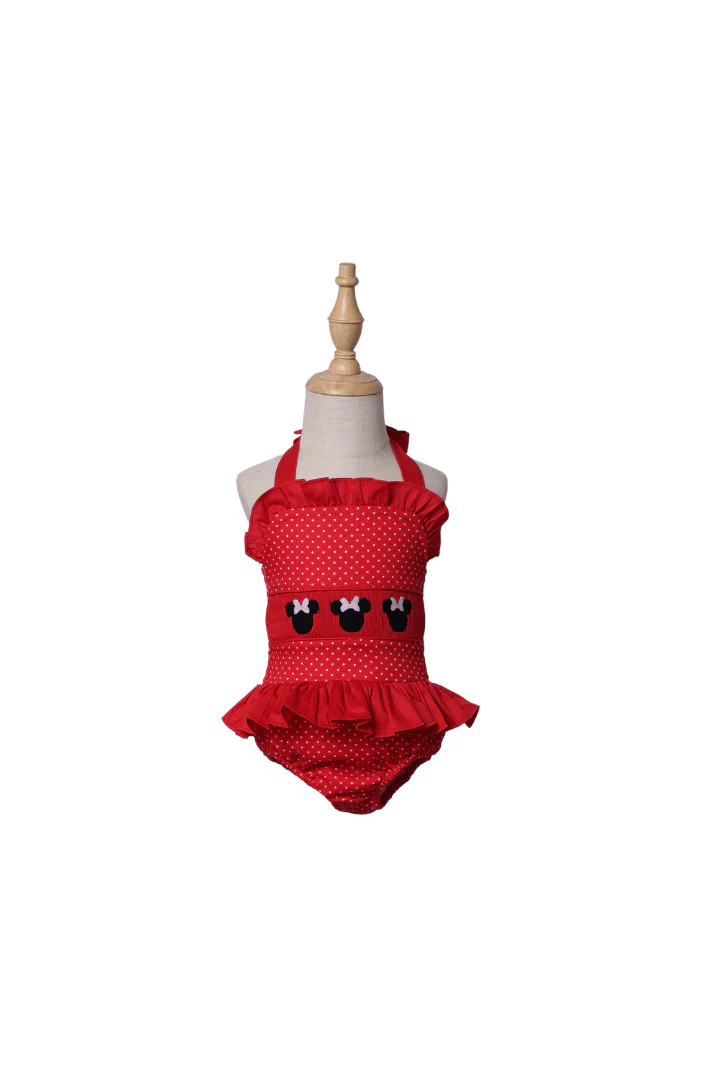 Hand Smocked Mouse Red Bitty Dot Swimsuit