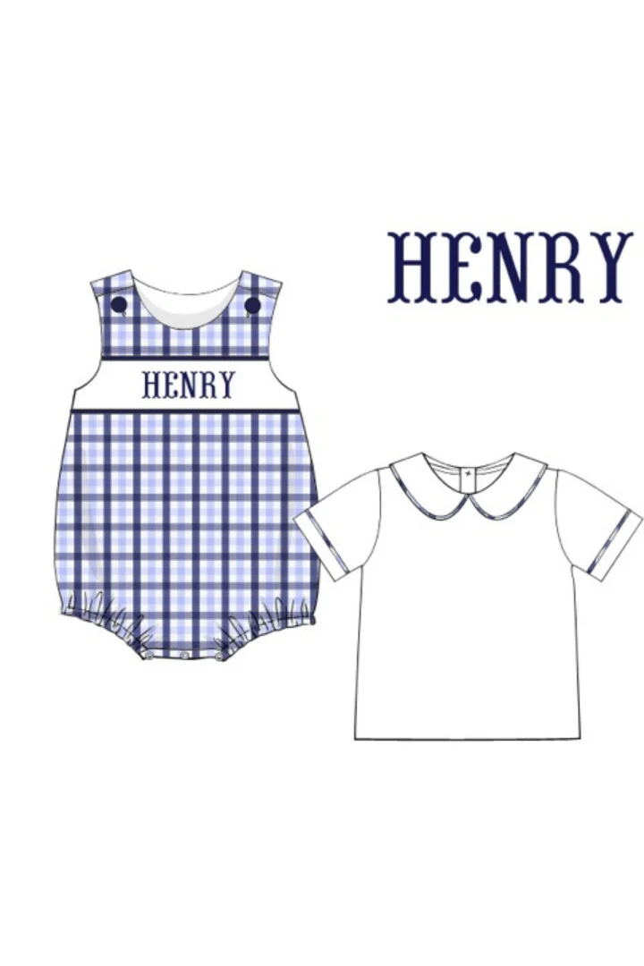 Pre-Order Custom Name Smocked Navy/Light Blue Plaid Name Bubble with Shirt