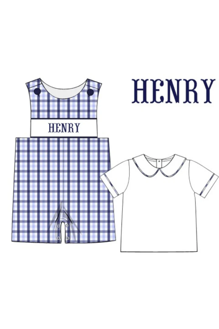 Pre-Order Custom Name Smocked Navy/Light Blue Plaid Name Jon Jon with Shirt