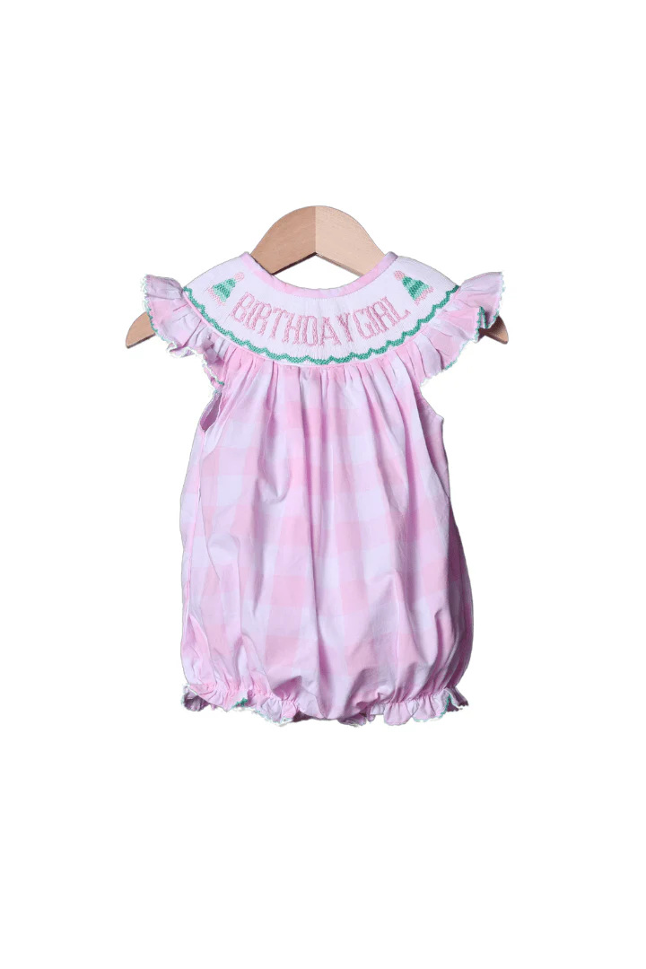 Hand Smocked Pink Gingham Birthday Girl Bubble (Pink writing)
