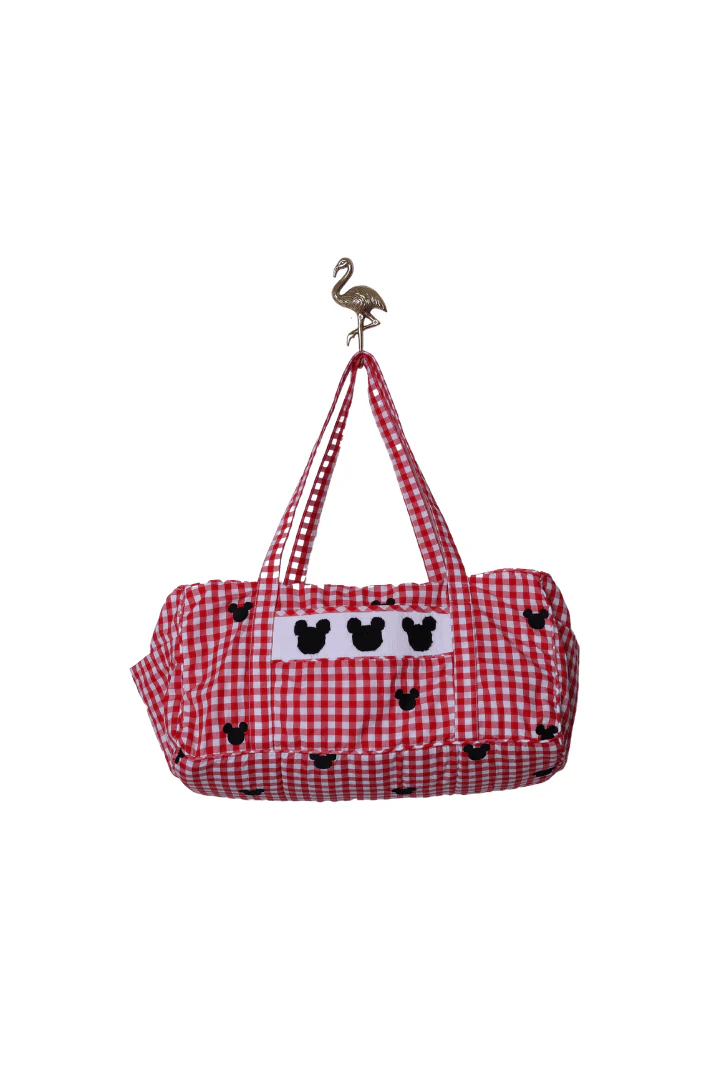 Hand Smocked Red Gingham Mouse Duffle Bag