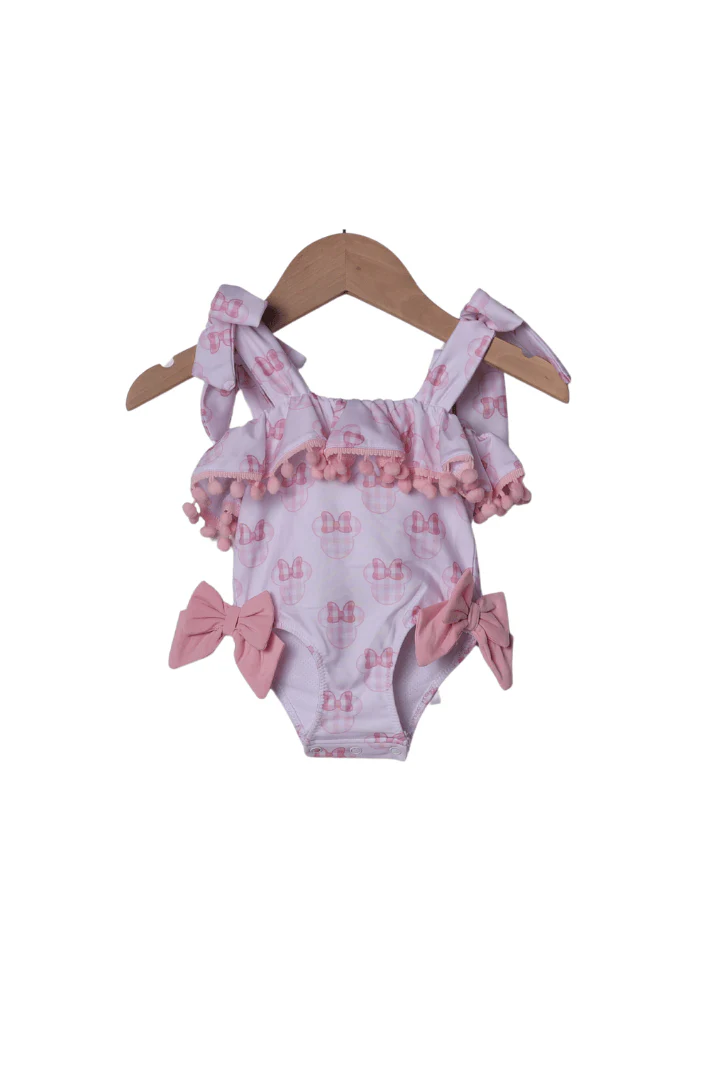 Watercolor Pink Gingham Mouse Bow Swimsuit