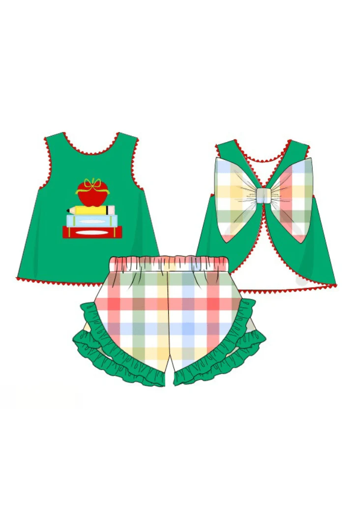 Applique Apple Back to School Plaid Ruffle Short Set - Image 3
