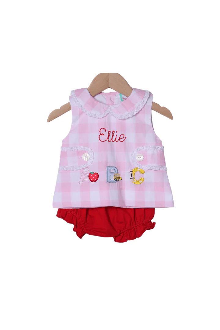 Applique ABC Pink Buffalo Check Bloomer Set