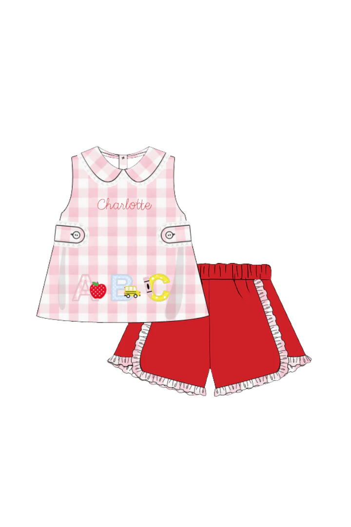 Applique ABC Pink Buffalo Check Short Set - Image 3