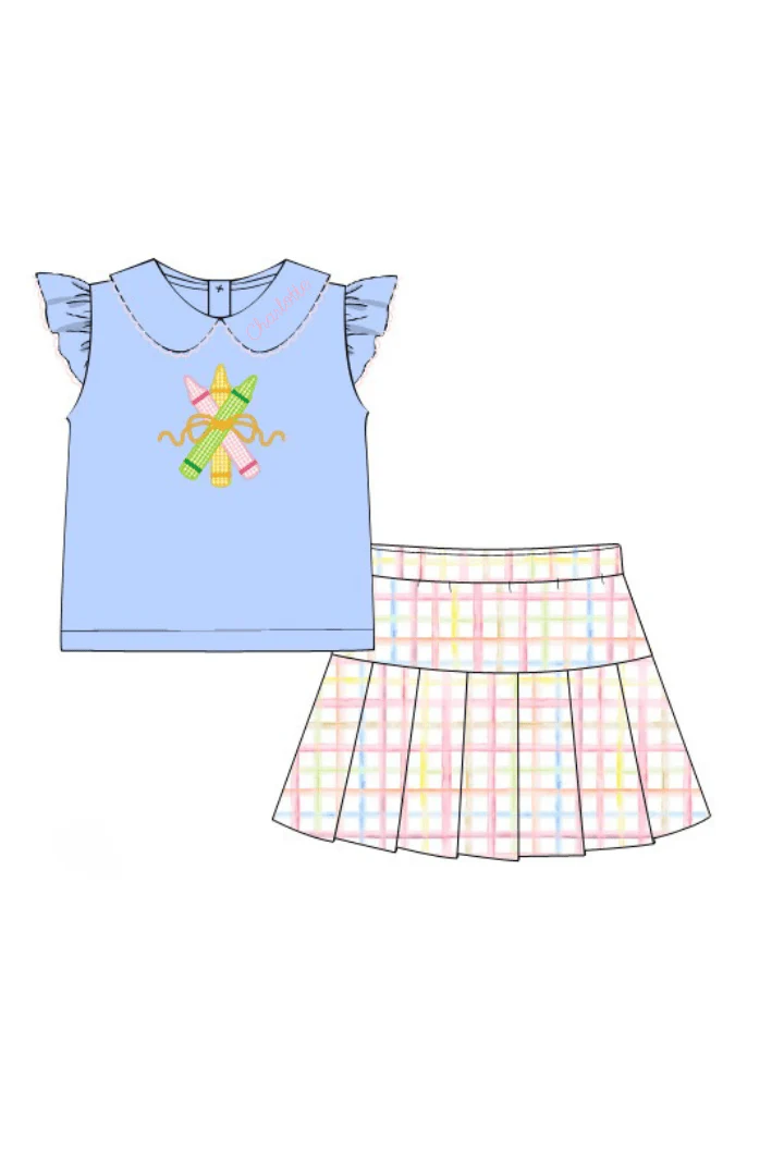 Applique Pencil Pastel Plaid Skort Set - Image 4