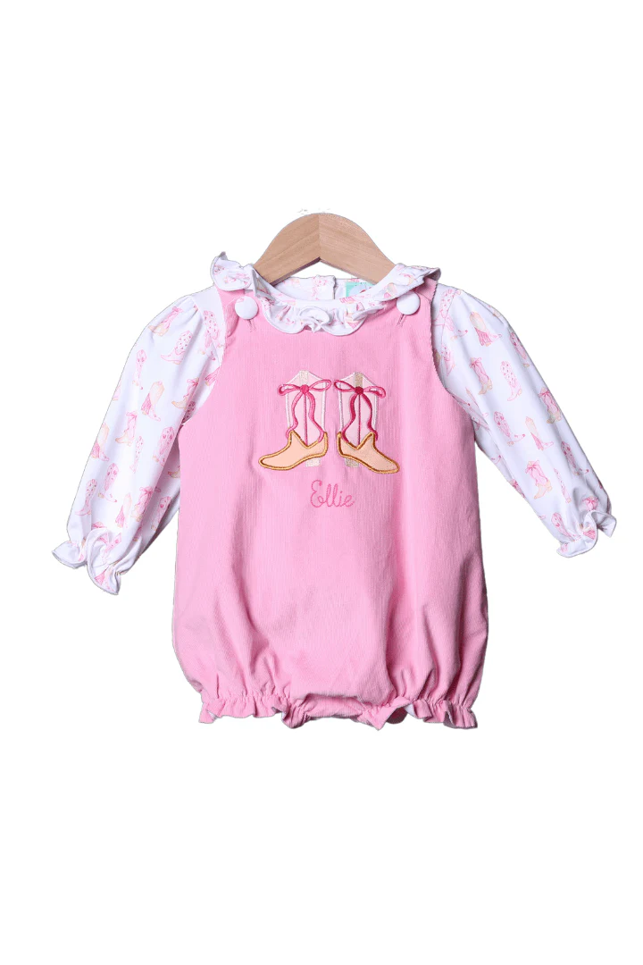Applique Cowgirl Boots Pink Corduroy Bubble