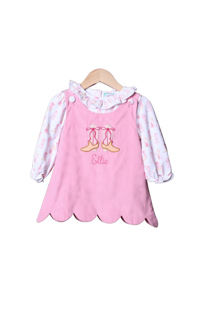 Applique Cowgirl Boots Pink Corduroy Dress