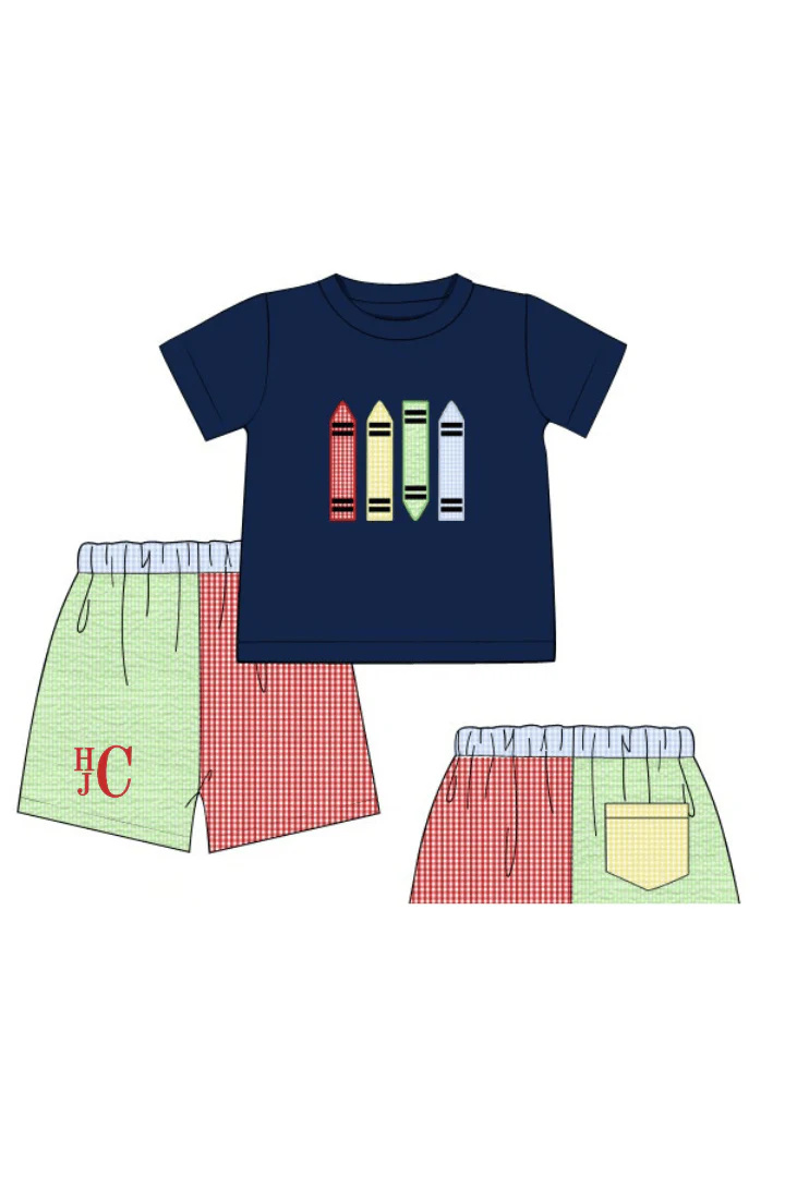 Applique Crayons Color Block Gingham Short Set - Image 4