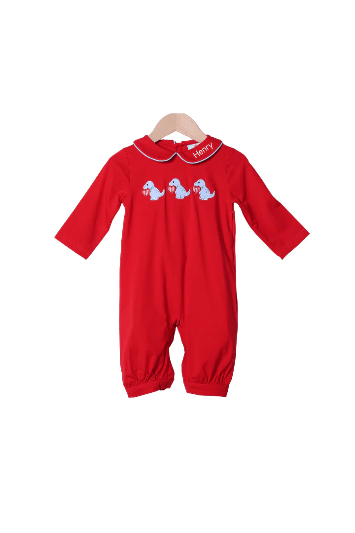 Applique Dino Love Red Knit Romper