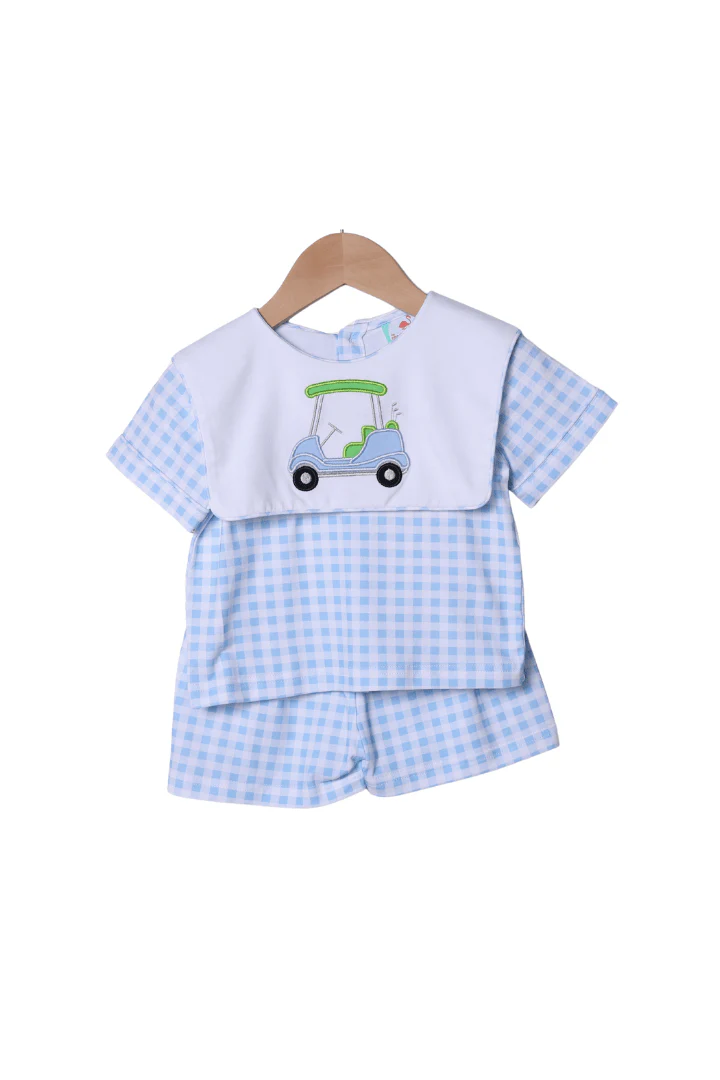 Applique Golf Cart Blue Gingham Short Set