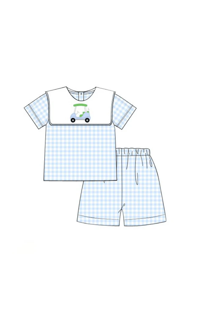 Applique Golf Cart Blue Gingham Short Set - Image 2