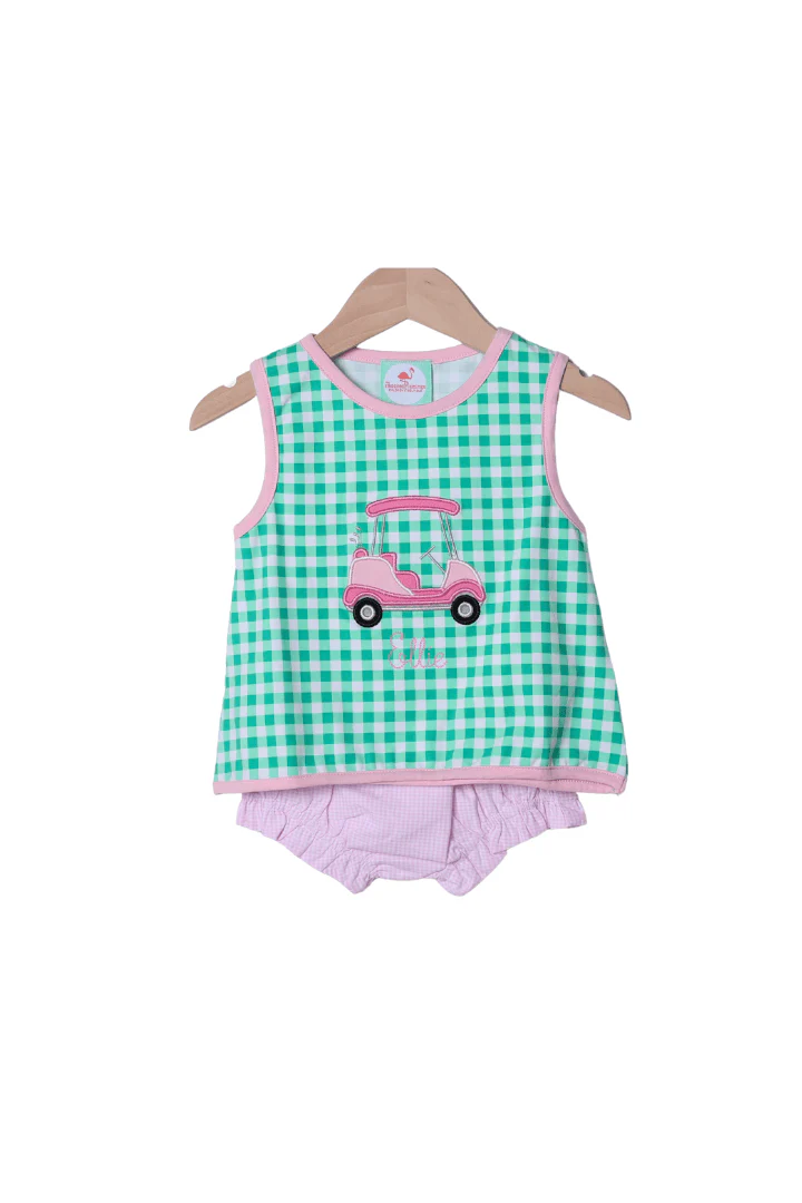 Applique Golf Cart Green/Pink Gingham Bloomer Set