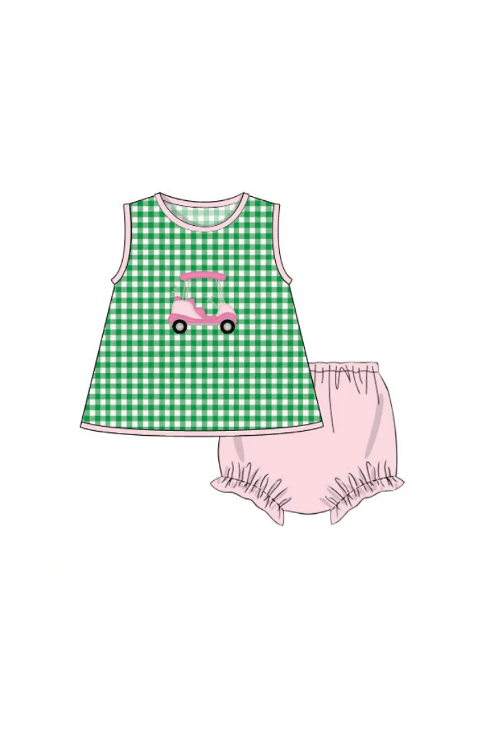 Applique Golf Cart Green/Pink Gingham Bloomer Set - Image 2