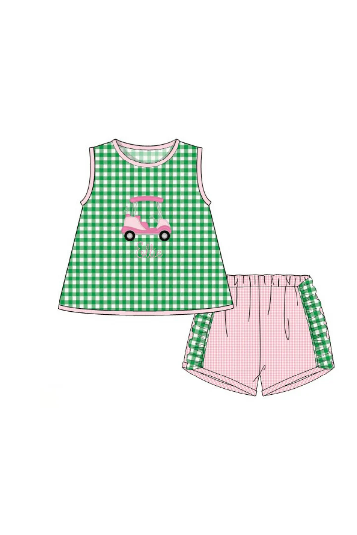Applique Golf Cart Green/Pink Gingham Short Set - Image 3