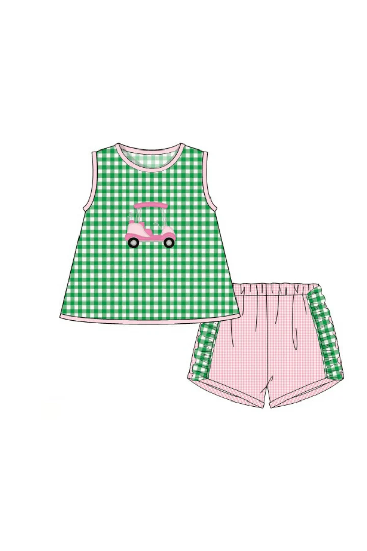 Applique Golf Cart Green/Pink Gingham Short Set - Image 4